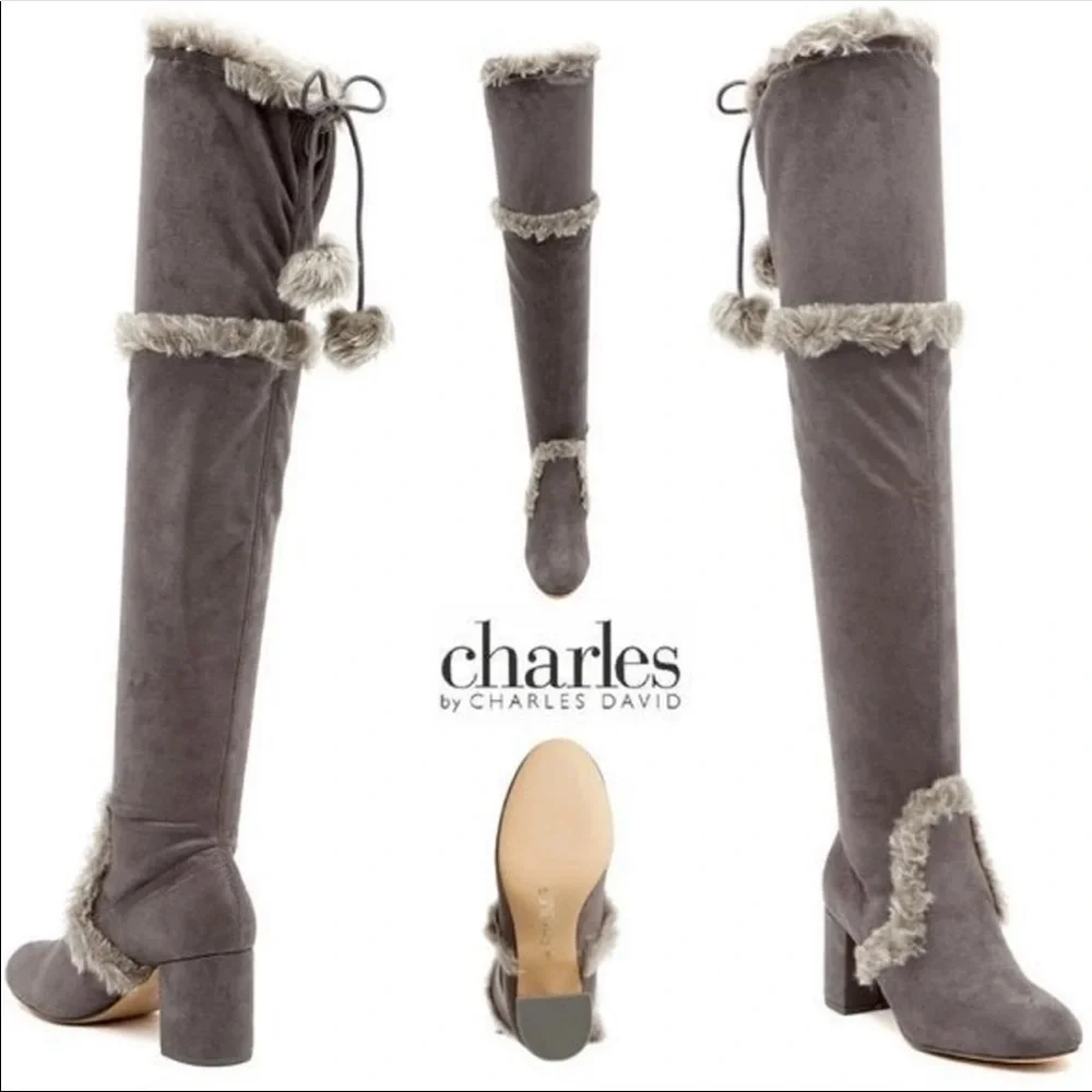 Charles By Charles David Grey Faux Fur Trimmed Over-the-Knee Boot